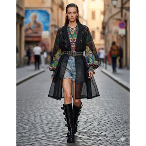 Black Sheer Netting Longline Maximalism Jacket